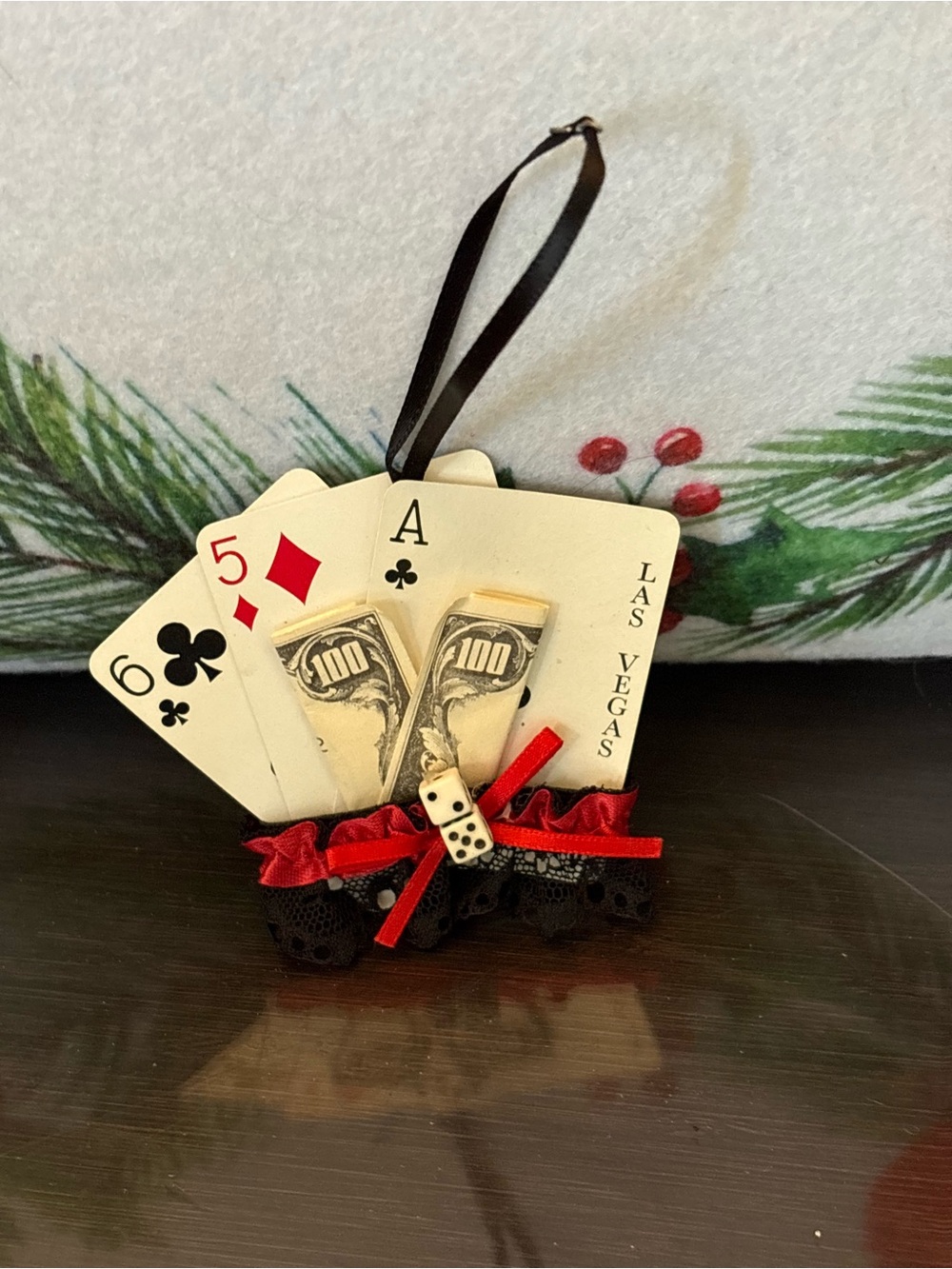 Las Vegas Poker Card Ornament with Red Ribbon Accent
